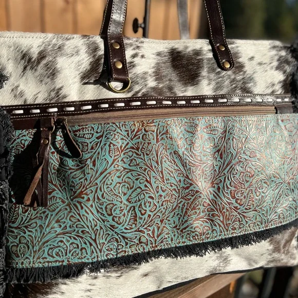 🌹New Myra Bag Cowhide Canvas Leather Weekender Travel XL extra large tote - Picture 3 of 8